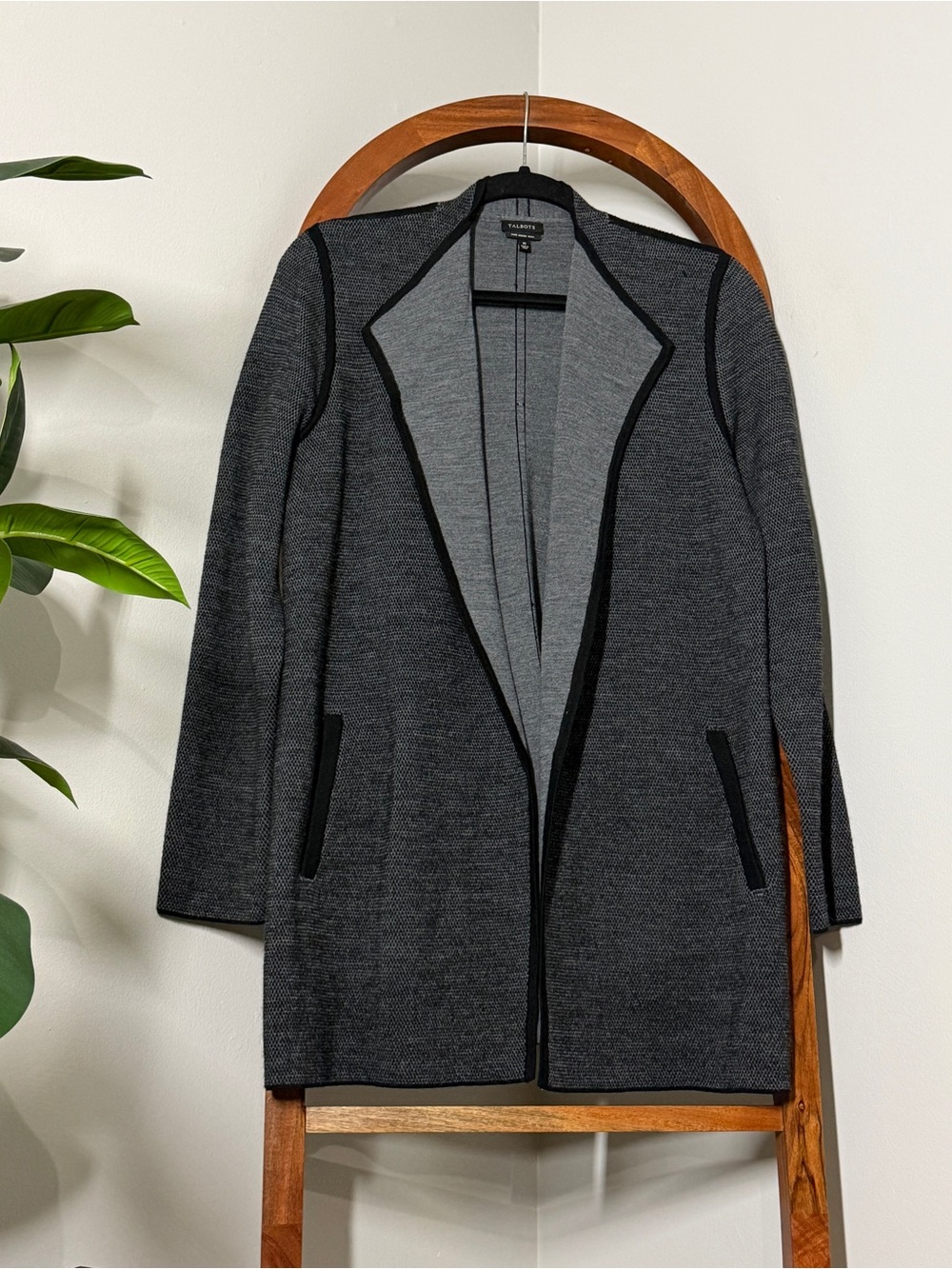 Talbots MEDIUM Gray Merino Wool Long Line Open Front Cardigan Sweater Coat